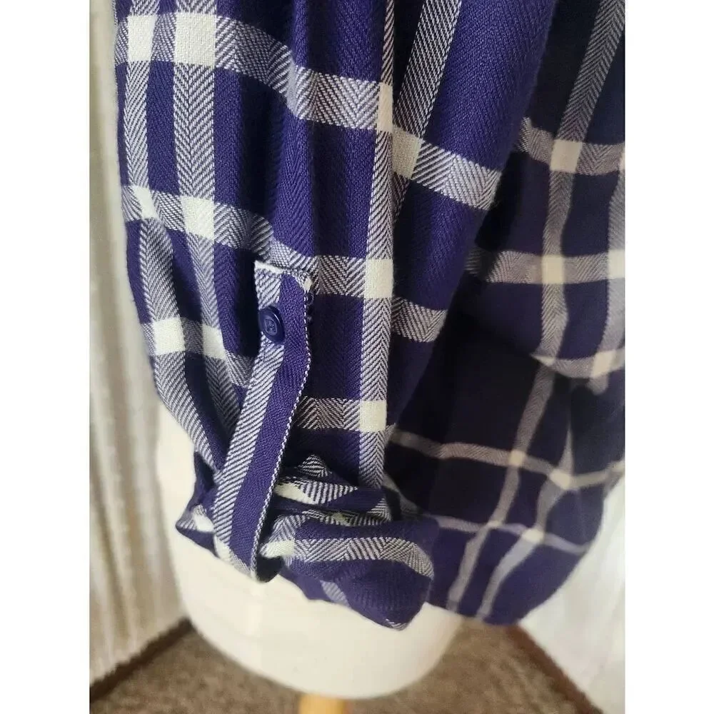 U15 Staccato Purple & White plaid button-up Shirt-Roll Tab Sleeves Chest Pocket